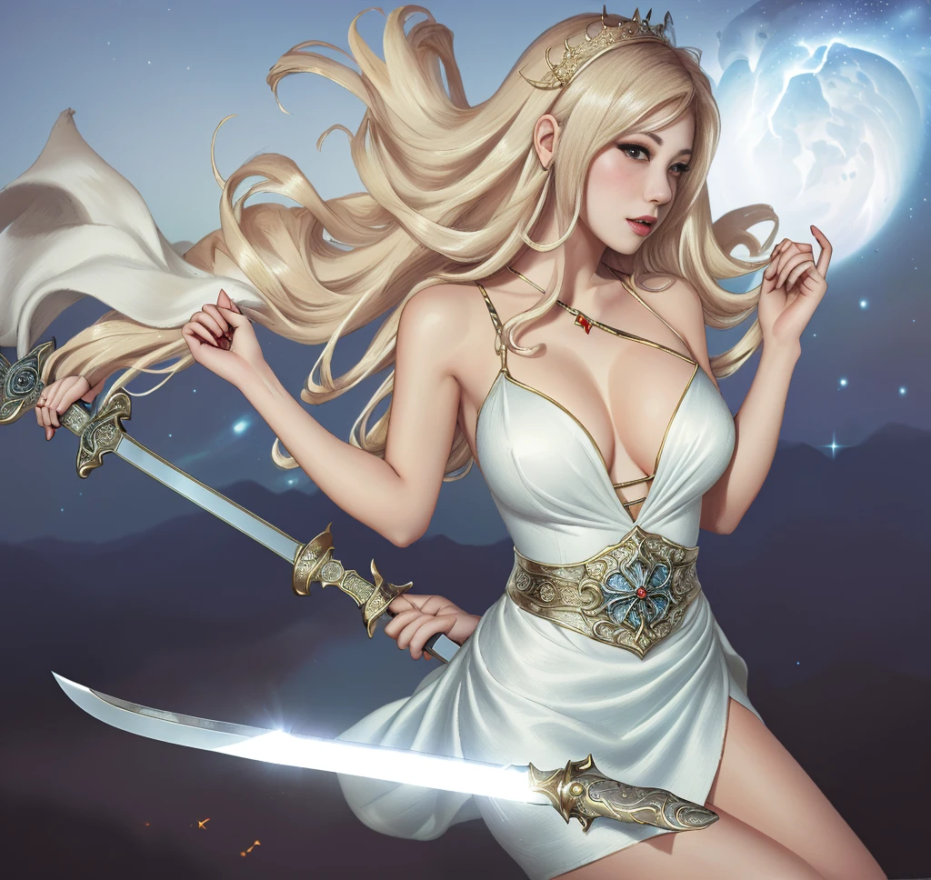 Wearing a white dress,Anime girl holding a sword, Simple Futuristic Queen, Giantess Art, Anime Goddess, pin up. lord of daggers, She is approaching heaven, She holds a sword, Inspired by Hajime Sorayama, Japanese Lightning Goddess, She holds a samurai sword, Beautiful fantasy queen, Milky Way Goddess