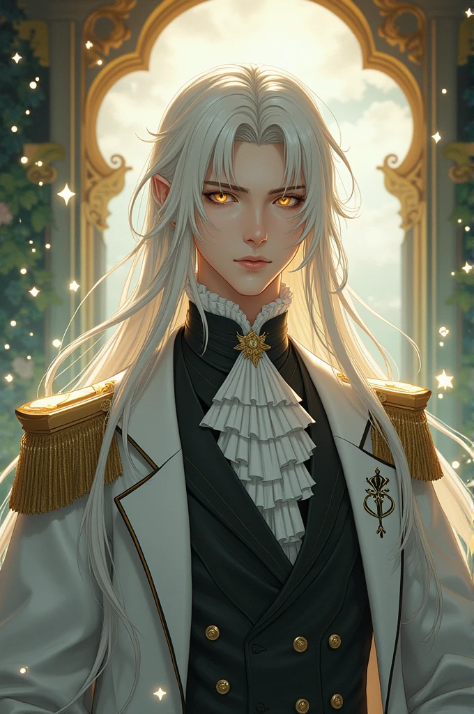 Sesshomaru Taisho a very beautiful young king like a celestial elf with golden eyes and long platinum hair, dressed in a Victorian way