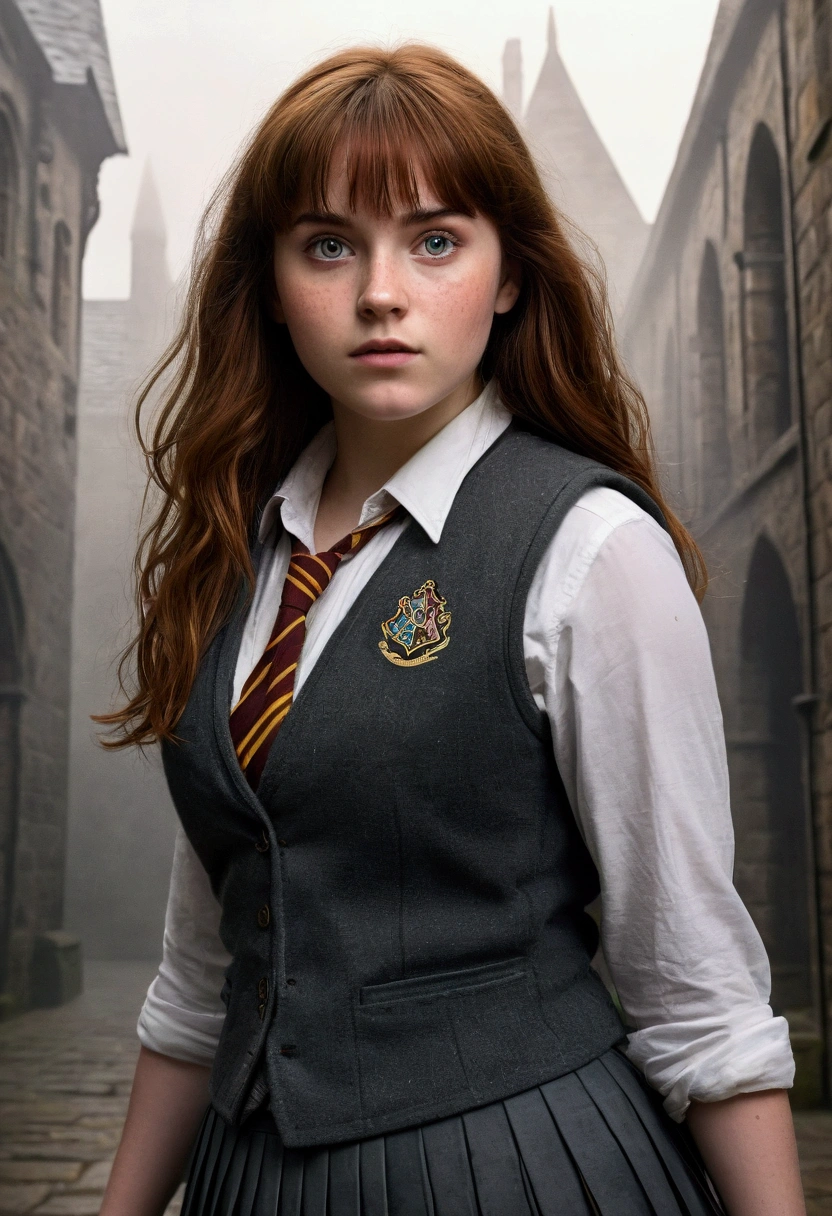 An illustrated movie poster, hand-drawn, full color, a teenage Hogwarts student, 18-years-old, female, wearing a charcoal vest and a pleated skirt, athletic hourglass figure, busty bosoms, full wide hips, massive round butt, long shapely legs, ridiculously thick powerful thighs, vibrant eyes, deep dark auburn hair, thick shaggy bangs, flushed sun-kissed complexion, freckles, standing in a foggy Hogwarts courtyard, surrounded by mist, graphite shading, stencil marks, airbrushed acrylic paint, masterpiece, close-up shot, in the style of the Deathly Hallows