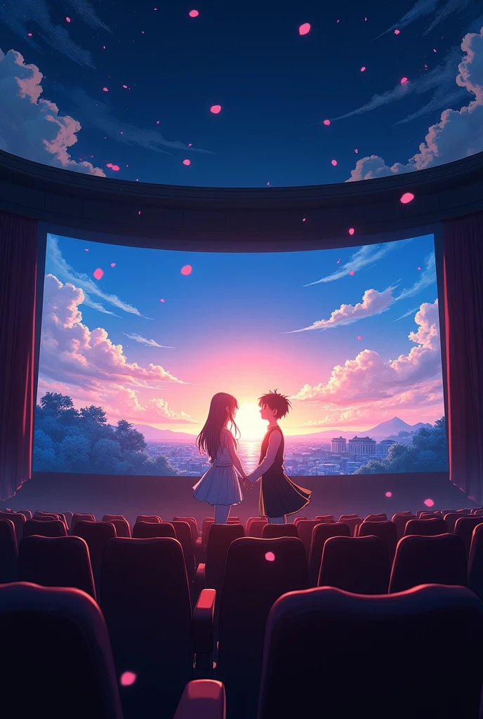 A touching scene from an anime displayed on a movie theater screen.