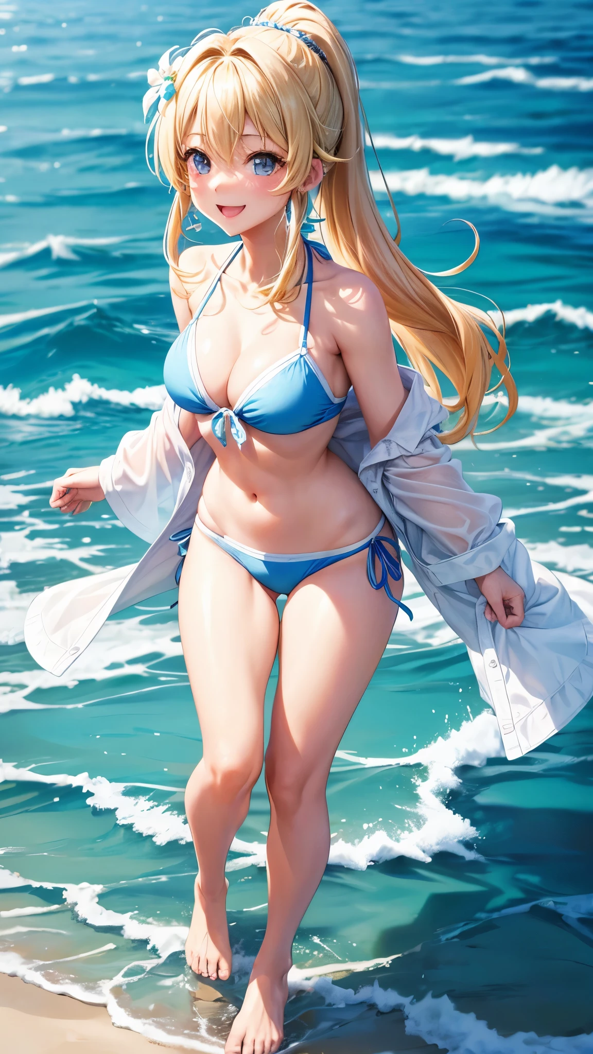 Cute 20-something with blonde hair、ponytail、The background is the beach、Your feet are in the sea、Have a great time、Cute Bikini、A very happy smile、(((There are a lot of people around)))、High resolution, blue eyes, Earrings, Highest quality, Wear a light shirt