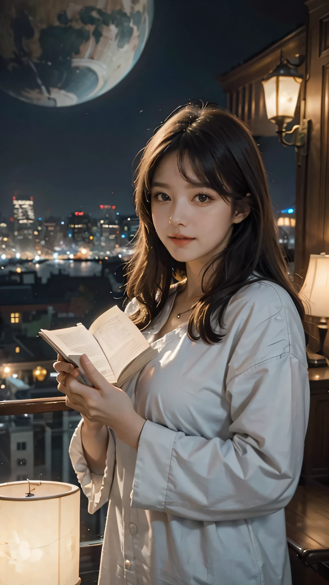 Two hands holding an open book, out of the book came out a planet shaped like a lamp, city background with people, blurred background, realistic image.