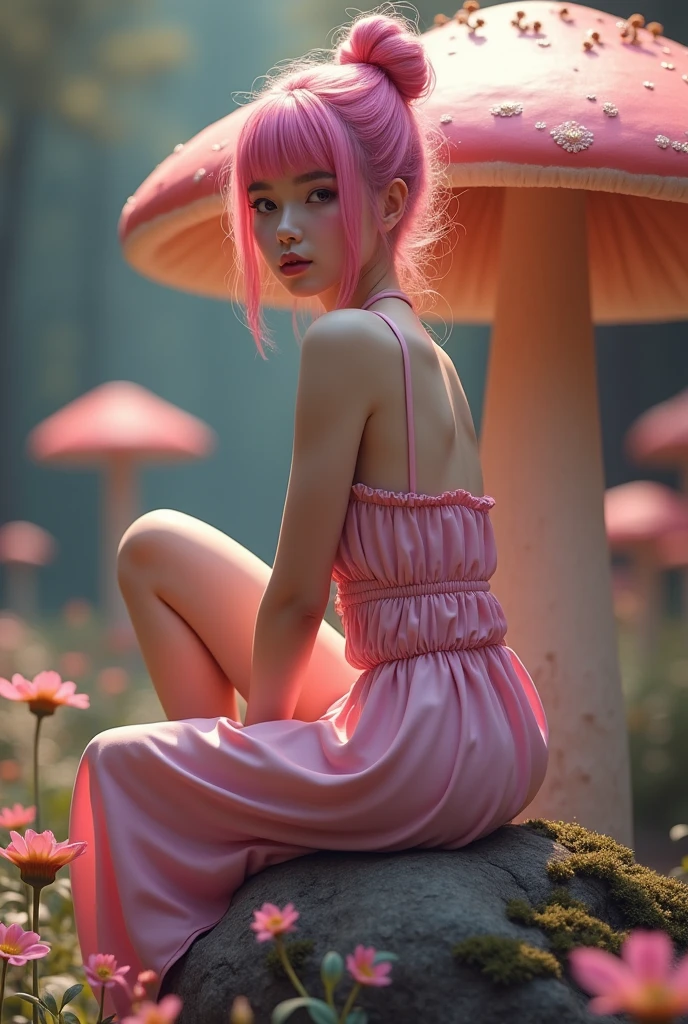 1girl,beautiful 18 year old girl,pink hair in a bun,bare shoulders,sitting on a giant mushroom,elegant,chic,modern,fashionable,muted colors,soft lighting,art nouveau,psychedelic anime style,colorful,trippy,(best quality,4k,8k,highres,masterpiece:1.2),ultra-detailed,(realistic,photorealistic,photo-realistic:1.37),HDR,UHD,studio lighting,ultra-fine painting,sharp focus,physically-based rendering,extreme detail description,professional,vivid colors,bokeh, portrait, straight on,