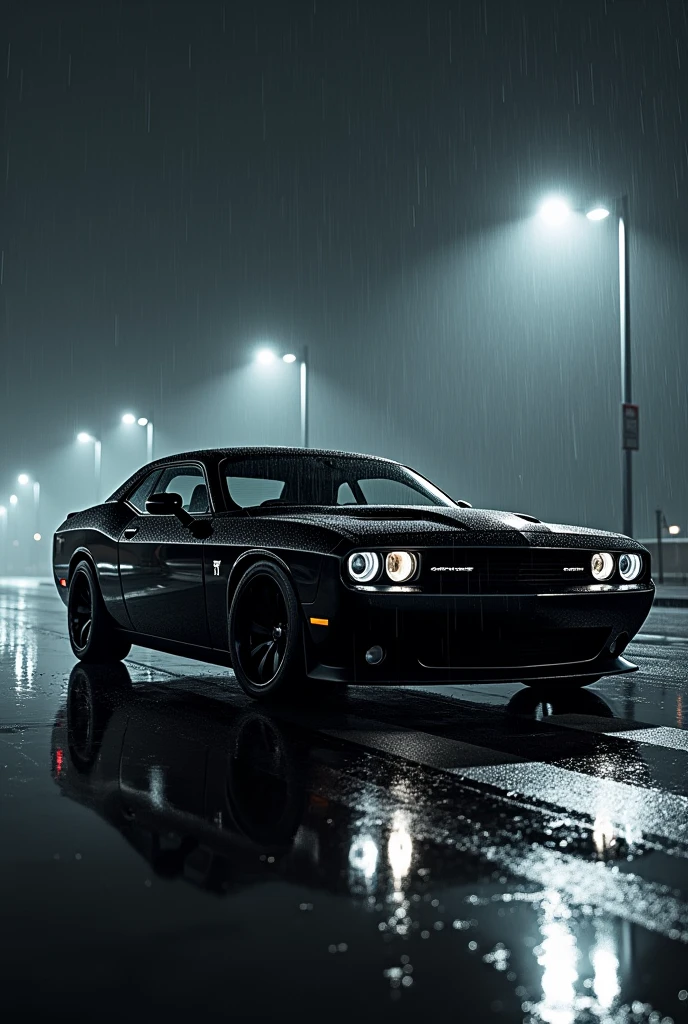 Dodge challenger black and white colours car in rainy black background rain drop with reflection shine road