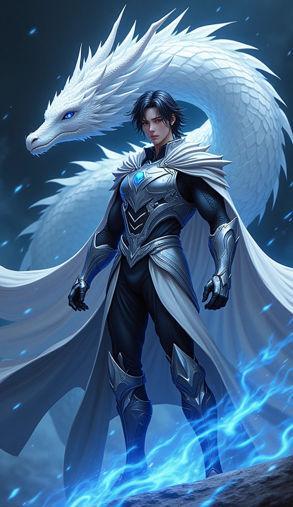 (photorealism:1.2), An anime style, ,black hair, blue eyes, dark background, blue sparks, wearing cape, well built, wearing a metallic suit armor , KAI, Jujutsu Kaizen graphics, having a baby dragon flying, white baby dragon
