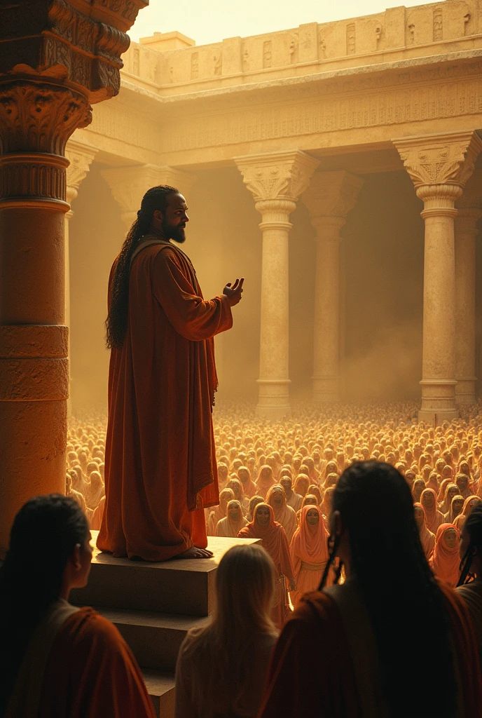 After the execution, Kalki addresses a large crowd gathered in an ancient amphitheater or temple courtyard. He stands on a raised platform, his presence commanding and authoritative. Kalki speaks passionately about the importance of respecting women, living with dignity, and upholding human values. The crowd listens in rapt attention, their expressions a mix of fear and awe. The setting is bathed in a golden light, symbolizing enlightenment, with ancient stone carvings and pillars surrounding the scene, enhancing the atmosphere of sacredness.
