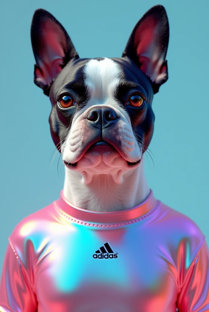 3D Ultra Realistic Boston Terrier Head, Male Human Body, Iridescent Holographic Liquid Texture & Translucent Material Wearing Sun Protection Shirt, Bossy Feeling, Nike or Adidas Sun Protection Shirt, Witch Punk, Y2K Style, Green and Blue, Blue, Metallic Feeling, Strong Reflection, Plain Background, No Background, Pure Single Color Backgrounds, Digital Fashion, Surreal Futurism, Portrait Studio Headshot Photography, Fashion Editorial Aesthetics, HAPE PRIME NFT Style High Resolution, High Detail, Fine Raster, 3D Render, OC Render, Top Quality, 8K, Bright , Front Lighting, Face Shot, Fine Raster, Super Detail