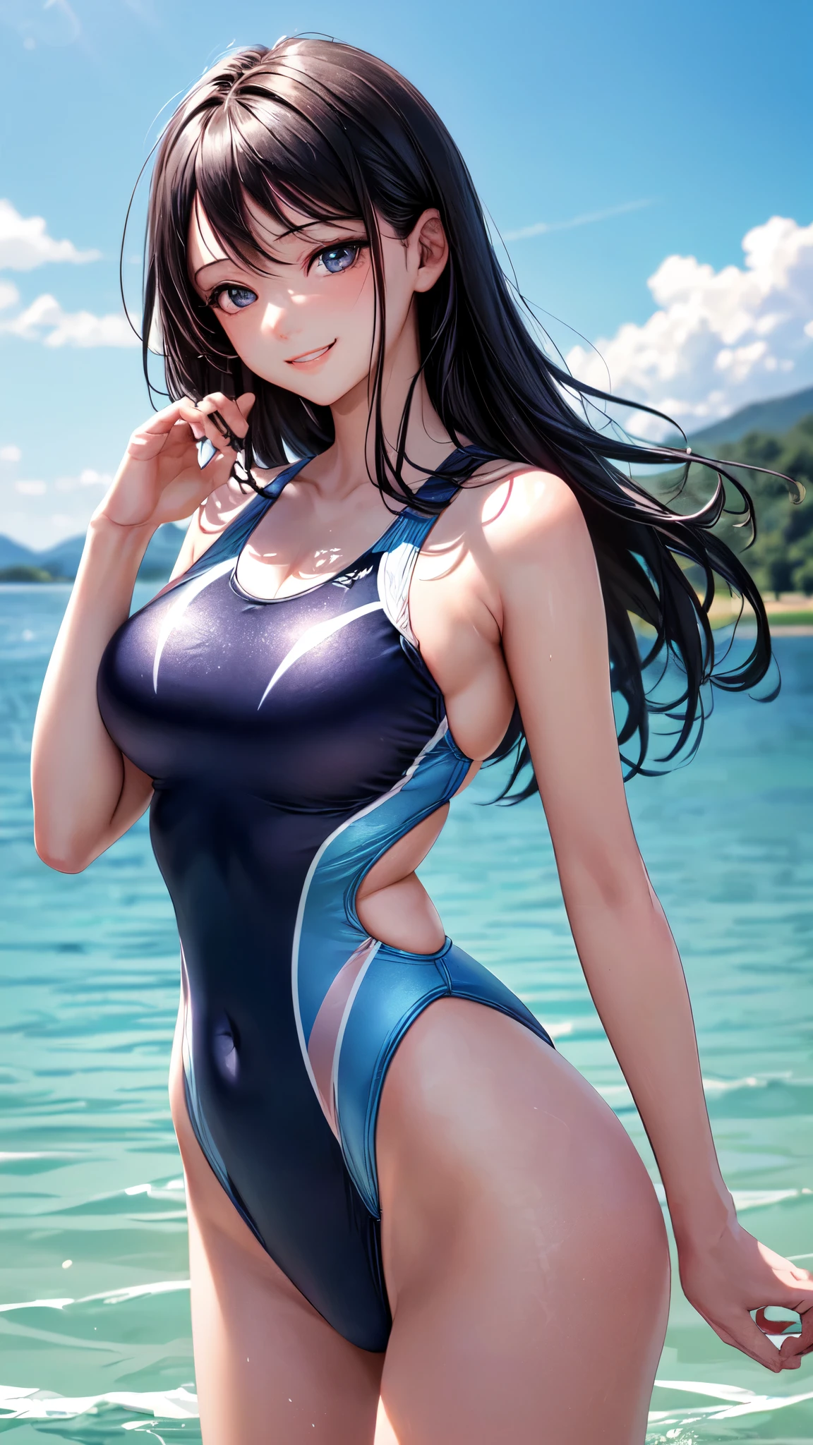 ((masterpiece,best quality,ultra detailed,high resolution)),(daytime,clear weather,bloom),looking back,((solo,beautiful-girl)),(black hair,straight hair),(beautiful detailed face,beautiful detailed eyes),(finely detailed skin,fair skin),slender,smile,(competition swimsuit),(on the beautiful lake,beautiful sky),((cowboy shot)),(medium breast,big hip,beautiful hip),