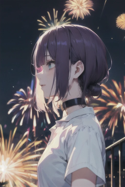 (Highest quality)、(Highest quality)、cut、Chainsaw Man、cute、(choker).eyes are emerald、Her hair is purple、Short Bob、Beautiful night view、star、whole body、firework、profile、