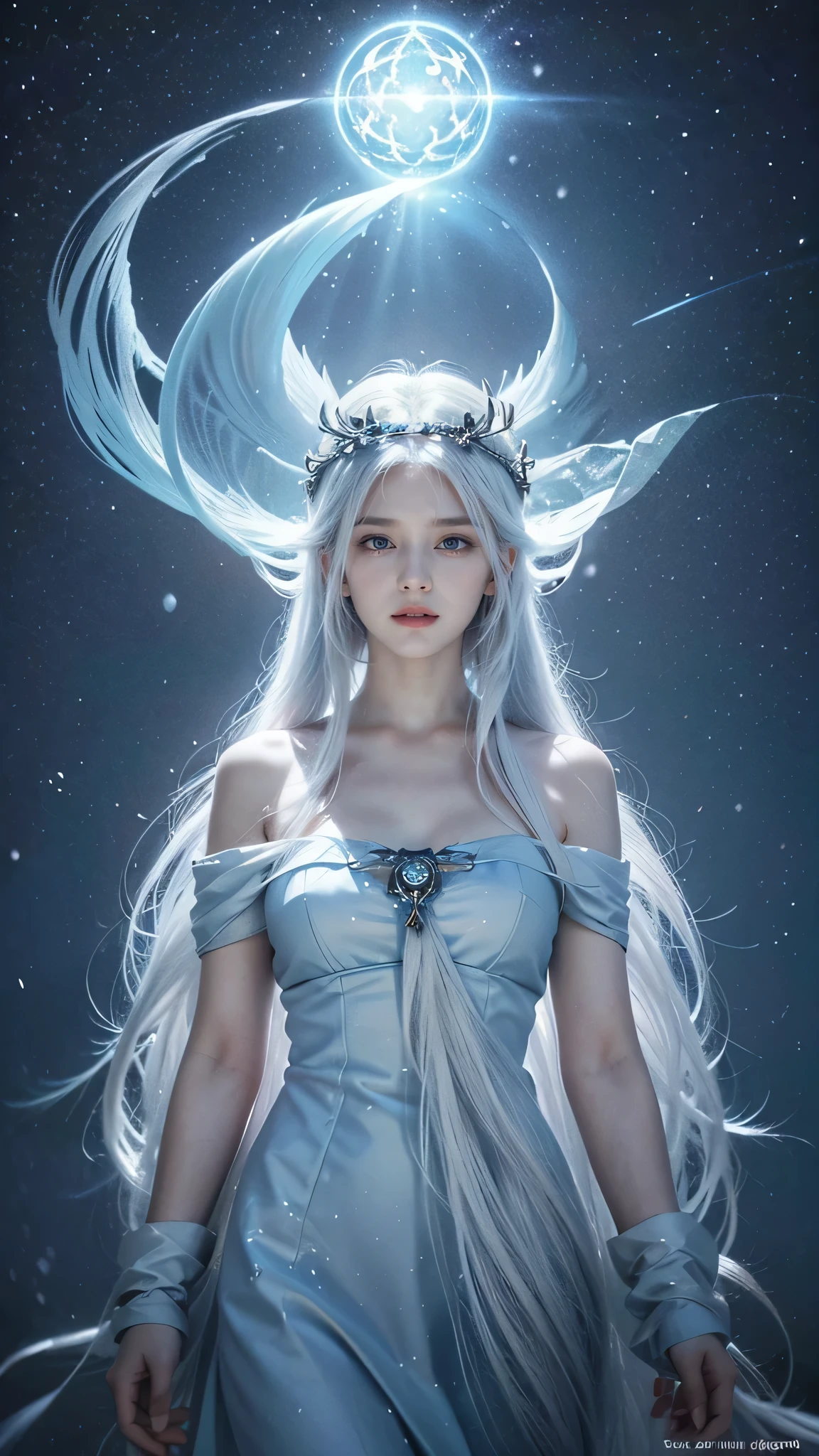 anime girl with long white hair and a blue dress in the snow, white haired deity, white hair floating in air, anime fantasy illustration, flowing white hair, beautiful young wind spirit, beautiful fantasy anime, glowing flowing hair, ethereal anime, beautiful anime artwork, beautiful digital artwork, anime fantasy artwork, ((a beautiful fantasy empress)), 2. 5 d cgi anime fantasy artwork