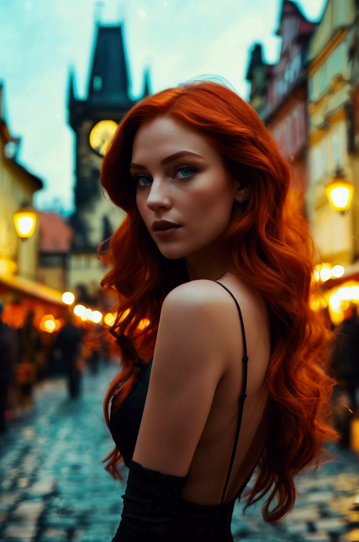 A breathtaking woman, full body photo, adorned with flaming red hair that falls over her shoulders, emerald green eyes sparkle with a supernatural allure, captivating the eyes of any observer. A charming redhead with an hourglass silhouette, parading elegantly. She wears a short, sexy black dress. The soft glow of twilight casts a warm light on her, accentuating her playful confidence. In the background, a screen of the starry night sky, while street lamps illuminate the scene with a romantic ambience. The atmosphere is infused with touches of the magical view of Prague's Old Town Square at dusk, with its Gothic towers, medieval astronomical clock, and the hustle and bustle of cafes and street performers