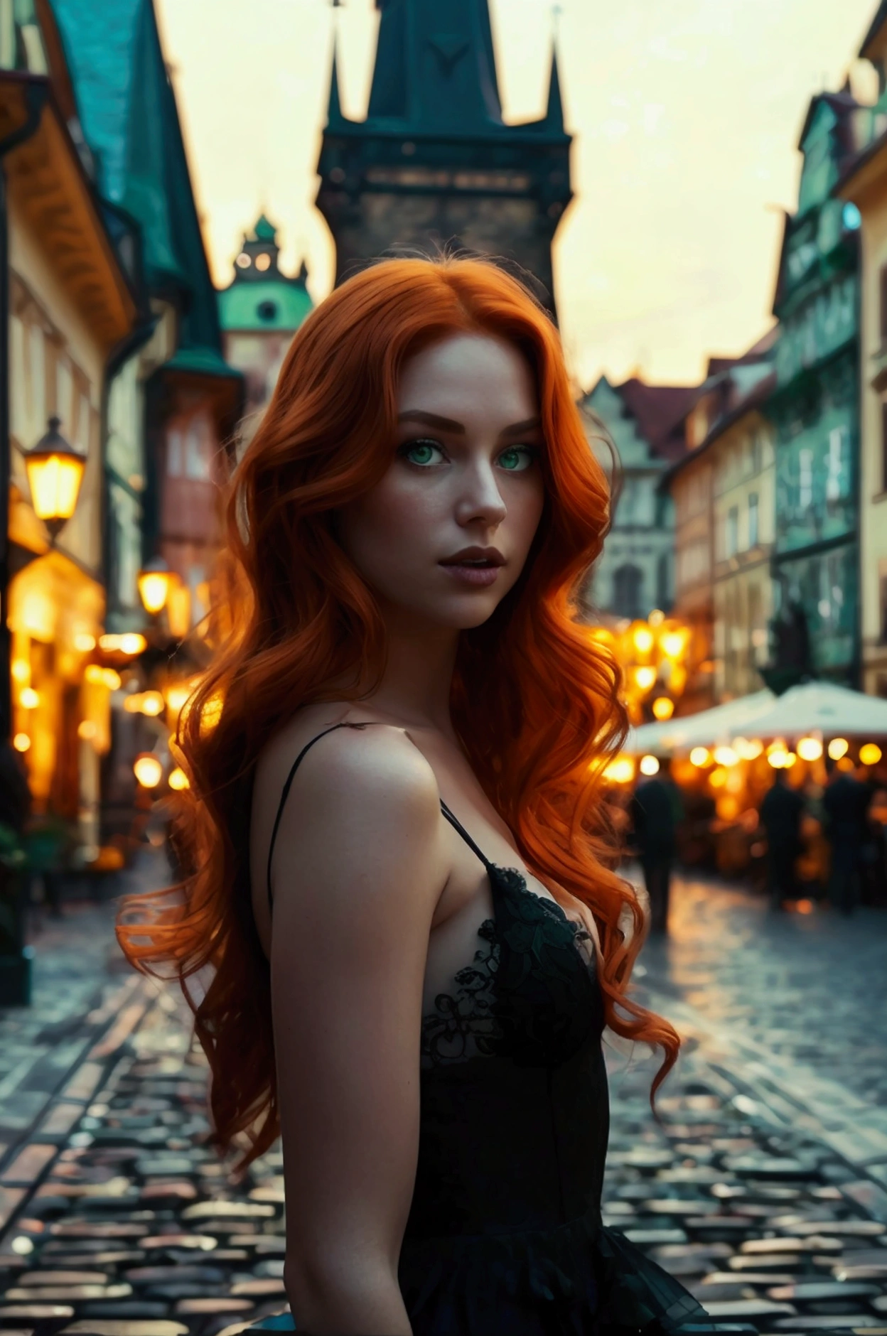 A breathtaking woman, full body photo, adorned with flaming red hair that falls over her shoulders, emerald green eyes sparkle with a supernatural allure, captivating the eyes of any observer. A charming redhead with an hourglass silhouette, parading elegantly. She wears a short, sexy black dress. The soft glow of twilight casts a warm light on her, accentuating her playful confidence. In the background, a screen of the starry night sky, while street lamps illuminate the scene with a romantic ambience. The atmosphere is infused with touches of the magical view of Prague's Old Town Square at dusk, with its Gothic towers, medieval astronomical clock, and the hustle and bustle of cafes and street performers