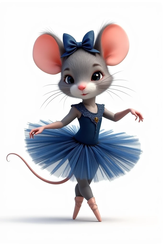 Animated image of a cute little mouse, dressed in a shiny dark blue ballerina outfit with black and a shiny blue bow on her head, WITH WHITE BACKGROUND, to print on a shirt