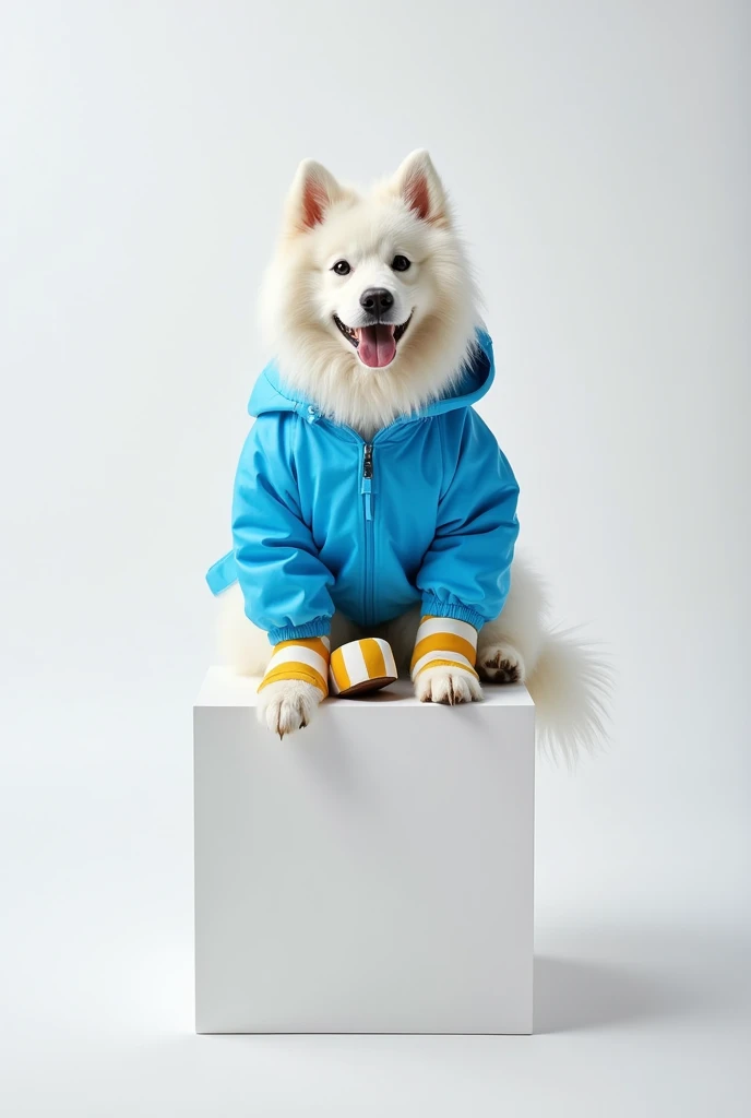 Fashionable photo, a Samoyed wears a blue garment and yellow and white striped shoes. Full body view in relaxed sitting position on a white cube.