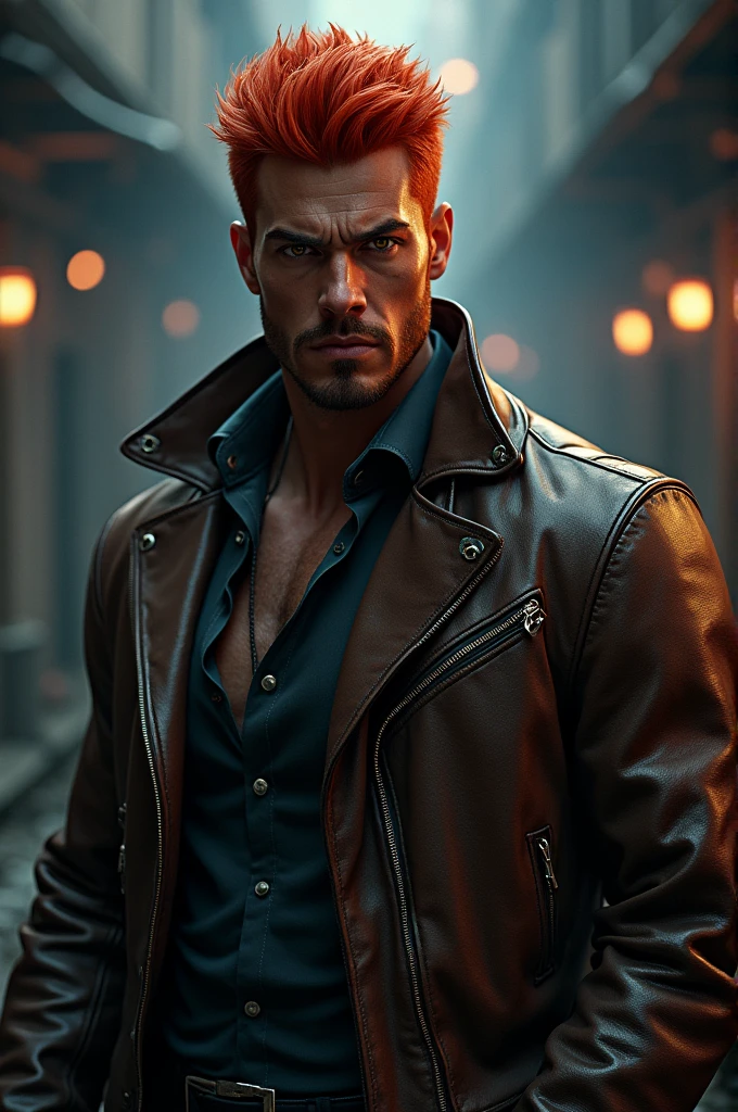 Man with red hair and golden eyes. dark-skinned. with leather jacket