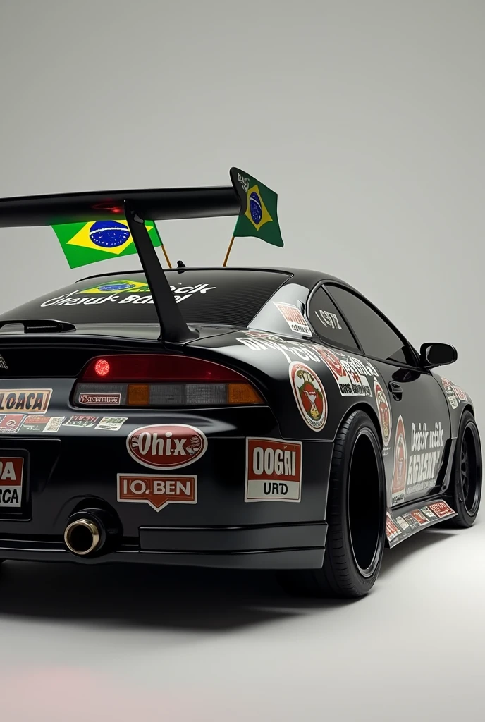 Create an image of a 1997 Eclipse turbo model car, cor preto, customized with several identical 30x15 political campaign stickers, and two Brazilian flags displayed on the airfoil