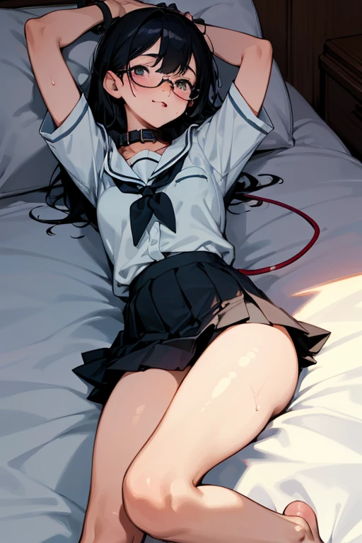 A girl with glasses, black hair, a school uniform, a short skirt, shy, showing her thighs, lying on a bed, barefoot, sweating, wearing a collar and leash, showing her underwear, sticking out her tongue, neat, her arms tied up.