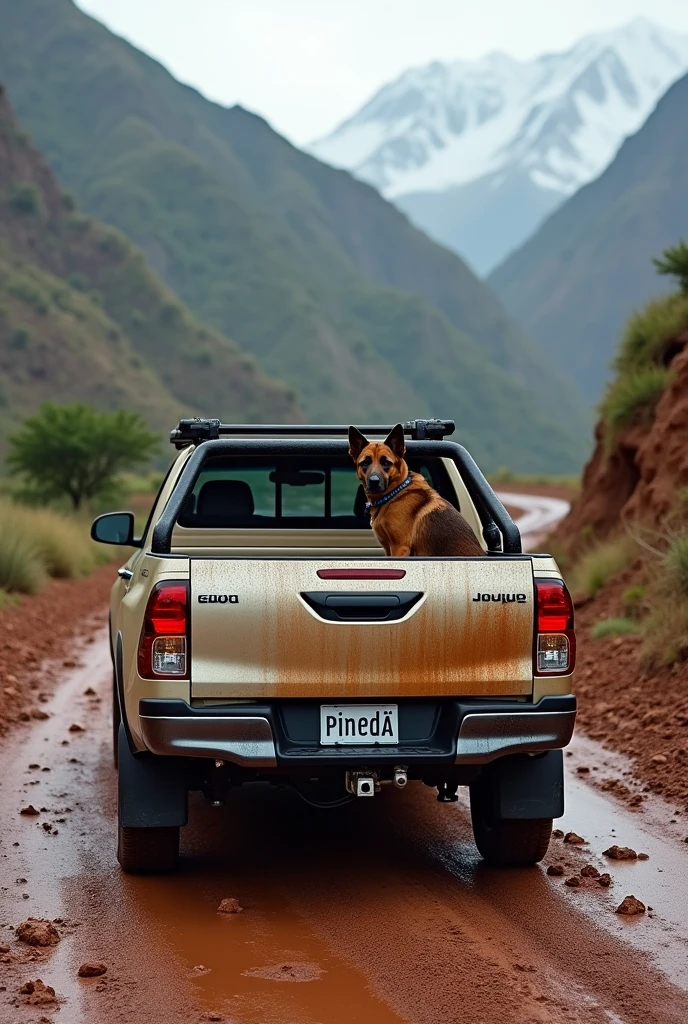 Create a white Toyota Hilux, that the license plate holder says "PINEDA" and in the back I carried a Belgian shepherd dog with fully tinted windows and a rough appearance, with a bottom a mountain on a dirt road with mud.