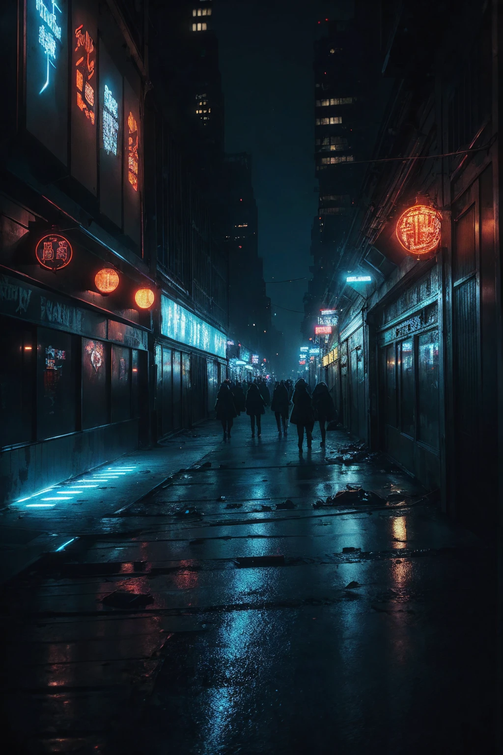 dystopian future,futuristic city in decay,people everywhere,merchants,cyborgs of the underworld,neon advertising,posters everywhere,violence and aggression,(best quality:1.2,ultra-detailed,realistic:1.37),gritty street scenes,metallic structures,smoke-filled alleyways,cyberpunk aesthetics,abandoned buildings,crowded marketplaces,hovering vehicles,brightly lit signs,gloomy atmosphere,flickering lights,ominous shadows,electric blue color scheme,strong contrasts,harsh lighting,Pedestrians coming and going on the street,The faces in the skyscrapers are pale and hopeless,The shop is empty,Vendors selling goods on the black market,Robots in the underground world are everywhere,Neon signs are everywhere,Posters posted everywhere are filled with violence and aggression,Crowds of people rushing around,Smoky alleys,Full of cyberpunk aesthetics,Abandoned building sparsely populated,There is no end to trading in the crowded market,Suspension vehicles sp by,Bright signs illuminate the street lights,Spooky atmosphere,flashing lights,ominous shadow,Electric blue color scheme,strong contrast,Harsh light