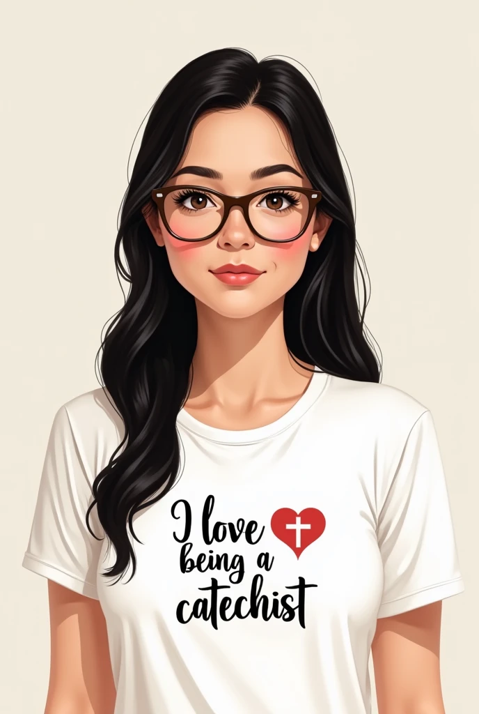Brunette woman long straight black hair, with pointed brown glasses, con camisa blanca que diga en el pecho amo ser catequista y un ❤️ y que tenga una cruz en el pecho pequeña. In illustrated form