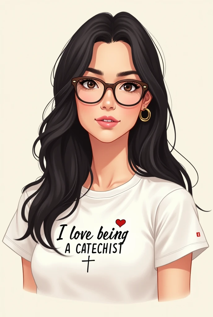 Brunette woman long straight black hair, with pointed brown glasses, con camisa blanca que diga en el pecho amo ser catequista y un ❤️ y que tenga una cruz en el pecho pequeña. In illustrated form 