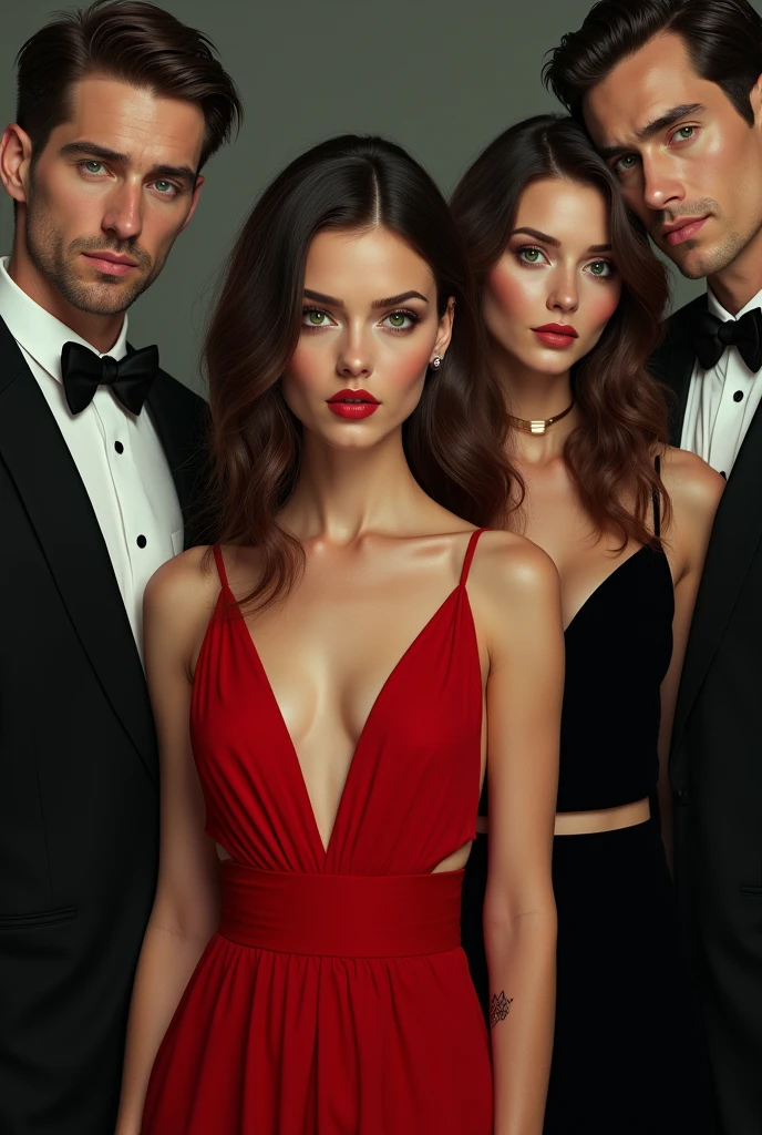 A woman in a red dress with brown hair and brown eyes next to a woman in a black dress with black hair and green eyes in the middle of a man in a black suit with black hair and green eyes and a man in a suit with brown hair and brown eyes