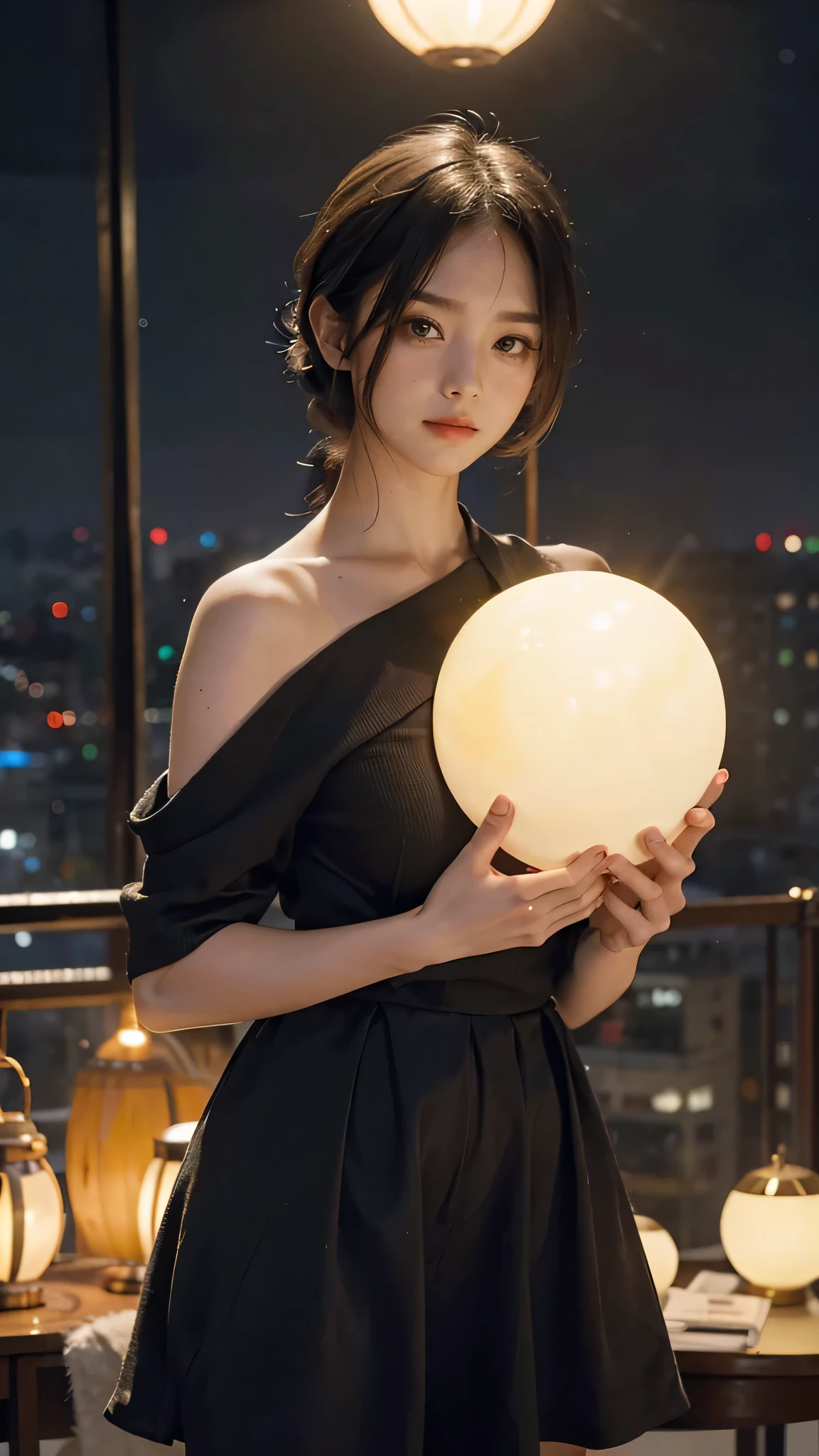 Two hands holding an open book, out of the book came out a planet shaped like a lamp, city background with people, blurred background, realistic image, naked