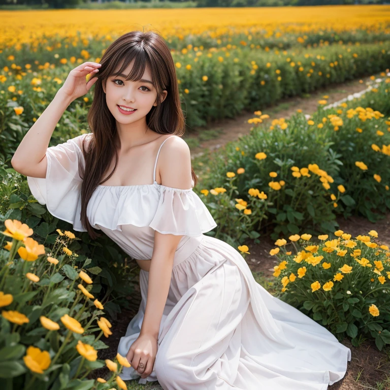 long skirt,in the flower field,Wear a dress,rotate,1 female, On the face, laughing out loud, light brown hair, blunt bangs, hair behind ears, Shoulder-length hair, long hair, Slender body type, 超face slimming型, face slimming, delicate lips, beautiful eyes, Thin blush, Eyes are light brown,View here, (actual:1.3), One person's perspective, 8k, Super detailed, high quality, best quality, High resolution, ,Large Breasts,wear a H cup, 2,Off-shoulder tops,puffy skirt