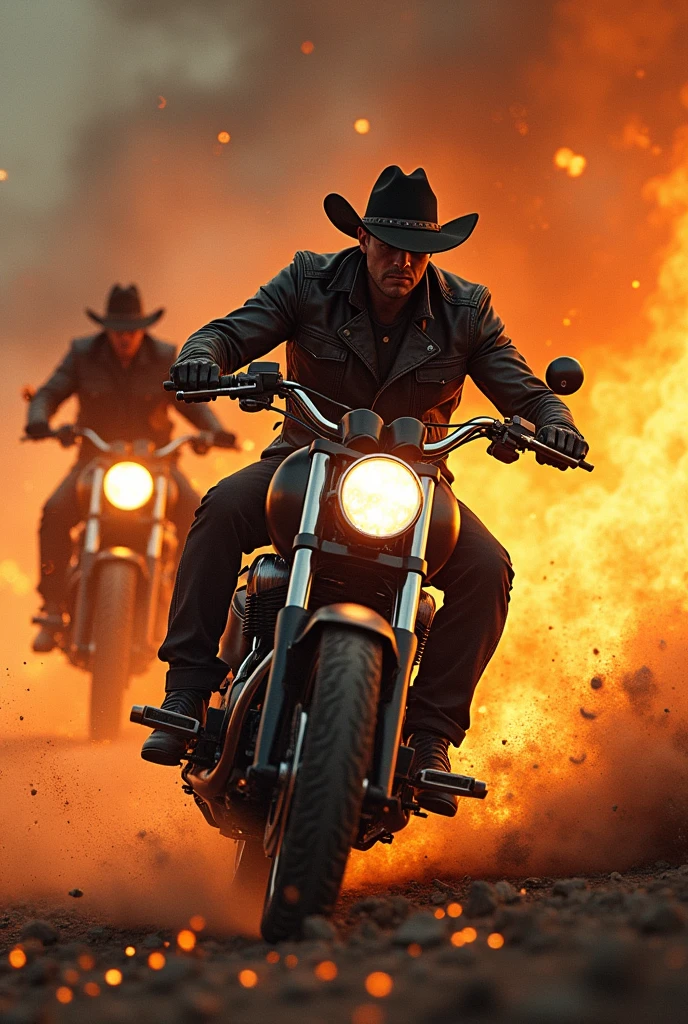 Cowboys on sportbikes with flames behind them
