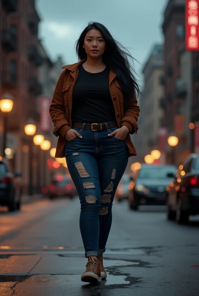 cinematic (photorealism:1.2), real pic
34 year old curve asian woman with long black hair, wearing a black t-shirt,short brown suede jacket, torn dark blue denim pants, brown sneakers, walking
urban washington dc background, dark cloudy clouds, romantic atmosphere