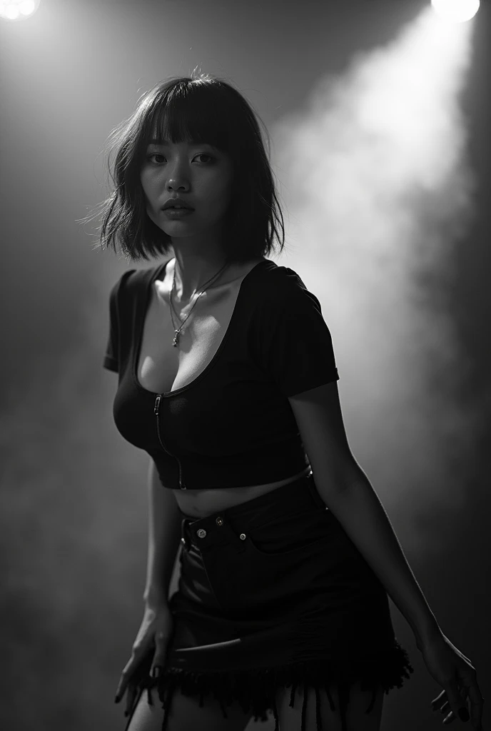 Black and white photography、Live footage、Woman in her 30s。Asian woman with short bob、Straight Hair、band、skirt、Beautiful Face、Punk Rock、Large Breasts、Satomi Ishihara、Black T-shirt、A cleavage so big you could squeeze your penis in it、Stage Lighting、smoke、mist、Alice Hirose、Solo artist、skirtめくり、Leaning forward to look at you、