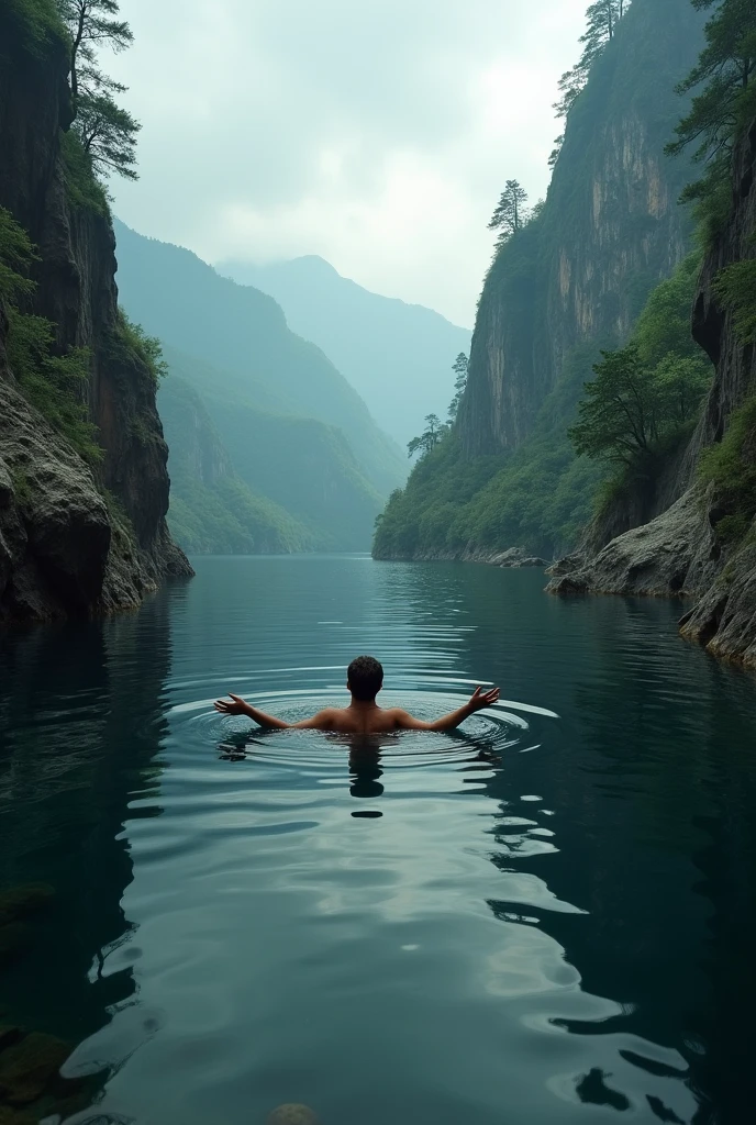 A man floats in a natural pool on a cliff, enjoying the serene view of the valley. The man is in the center of the picture, floating on his back in the water with his arms outstretched. He is looking up at the sky.  The water is dark and still, reflecting the cloudy sky above. The cliffs on either side of the natural pool are brown and rocky. In the distance, there are green hills covered with trees and a hazy sky. The overall atmosphere is tranquil and peaceful, with a sense of awe and wonder at the natural beauty of the scene.  The man appears to be enjoying the quiet solitude of the moment. The photo conveys a feeling of serenity and freedom, as the man is completely immersed in the natural beauty of his surroundings. 
