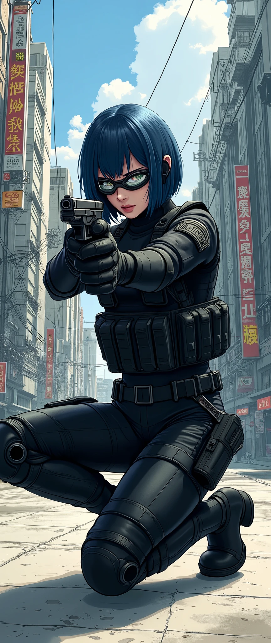 (masterpiece,Distinguished Quality,Mirror-like,Cinematic Experience,insanely detailed,absurdres),8k,wallpaper,,(Best illustrations:2.0),(One Woman:2.0),(Motoko Kusanagi:2.0),(Ghost in the Shell-style worldview:2.0),BREAK(Black tactical bodysuit:2.0),(Heavy black bulletproof vest:2.0),(Black gloves:2.0),(Tactical Boots:2.0),(Navy Blue Hair),(Wearing tactical goggles:2.0),(Tactical data is displayed on the computer goggles.:1.6),BREAK(Short Bob:2.0),(Detailed Cyber Goggles Drawing:2.0),(Detailed female hand drawing:2.0),(sexy:2.0),(He kneels down and aims a pistol at me.:2.0),(Raise your right knee:2.0),(Point the pistol towards me:2.0),(The background is Tokyo, where science and technology have developed.:2.0),(sf:2.0)