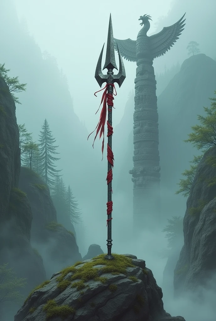 Fog around a spear stuck on top of a gigantic rock, Its blade is dull from so many battles fought with it., Its silver handle shines brightly, with red ribbons around it preventing it from being removed from its place, There is a totem of a bird resembling a phoenix, and around it there is a very leafy forest