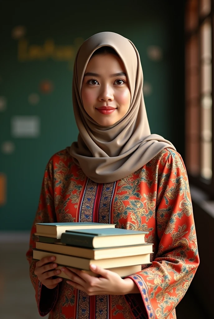 a hijab wearing teacher wearing a kebaya, holding a stack of books, detailed face and eyes, intricate patterns on kebaya, natural lighting, photorealistic, 8k, cinematic composition, warm color tones, masterpiece