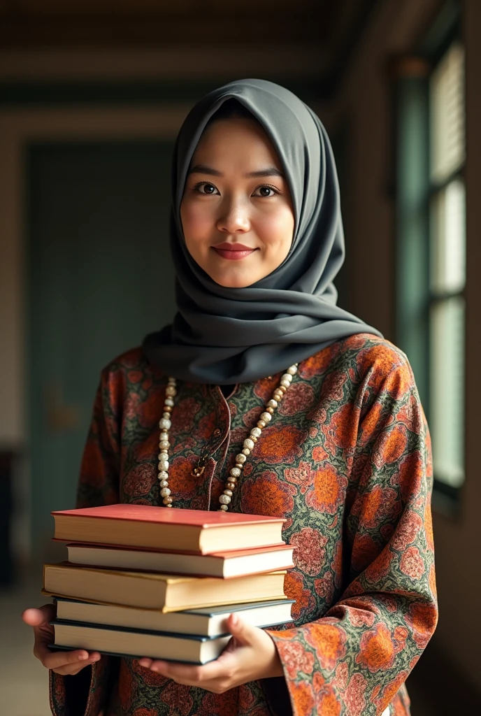 a hijab wearing teacher wearing a kebaya, holding a stack of books, detailed face and eyes, intricate patterns on kebaya, natural lighting, photorealistic, 8k, cinematic composition, warm color tones, masterpiece