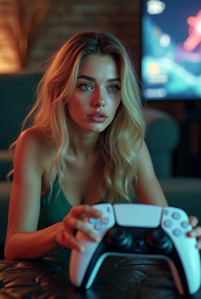 (((best qualityer))), highly detailed, high resolution. 25 year old female, blondie hair, clear green eyes, fleshy lips, heavy make-up,is sitting on the couch and playing on the PS5