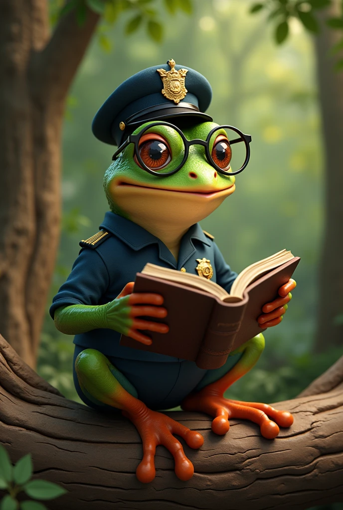 Retro Images,Storytelling,Tree frog,Ultra-realistic,high resolution,The frog is a kind policeman,Wearing round glasses