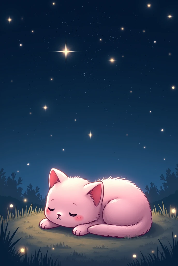 Resting Under the Stars ,That night, the pink kitten curls up under the stars, her heart filled with contentment. The sky is clear, and the stars twinkle above her. She knows that her journey has only just begun, but for now, she is at peace, ready to face whatever the future holds. The small pink cat drifts off to sleep, dreaming of new adventures yet to come.