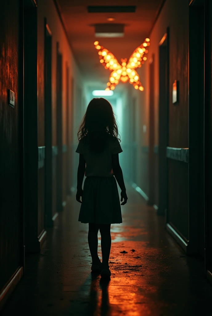 Abused 13 year old  girl in the dark  hallway of an orphanage and a glowing fiery  butterfly in the distance