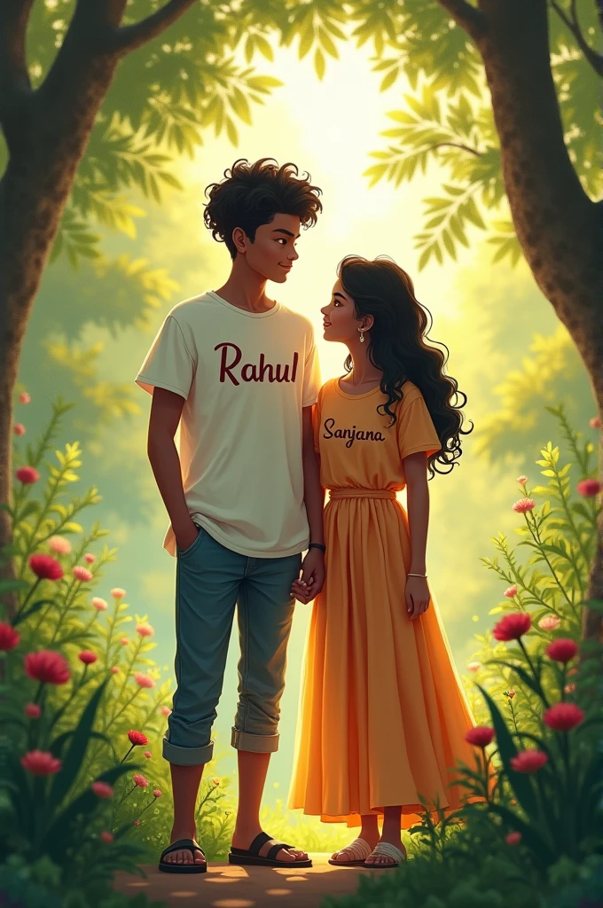 A 16 years little dark skin color boy wearing a t-shirt in which printed letter is "Rahul "
And boy is marriage with 16 years cute girl whose t-shirt is print with letter "Sanjana"at a centre of nature