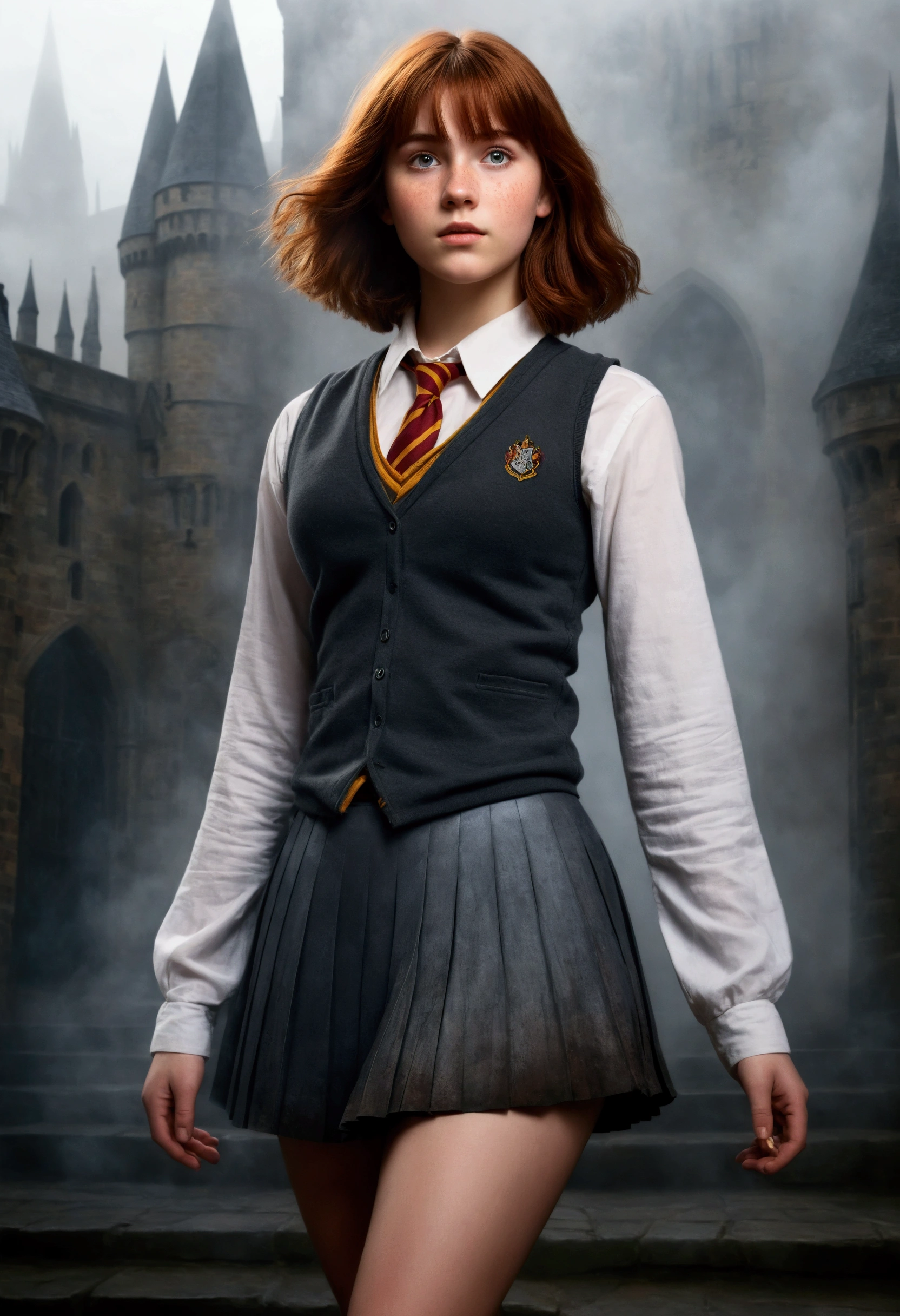 An illustrated movie poster, hand-drawn, full color, a age Hogwarts student, 18-years-old, female, wearing a charcoal vest and a pleated skirt, athletic hourglass figure, busty chest, full wide hips, massive round butt, long shapely legs, ridiculously thick powerful thighs, vibrant eyes, deep dark auburn hair, thick shaggy bangs, flushed sun-kissed complexion, freckles, standing in a foggy Hogwarts courtyard, surrounded by mist, graphite shading, stencil marks, airbrushed acrylic paint, masterpiece, close-up shot, in the style of the Deathly Hallows