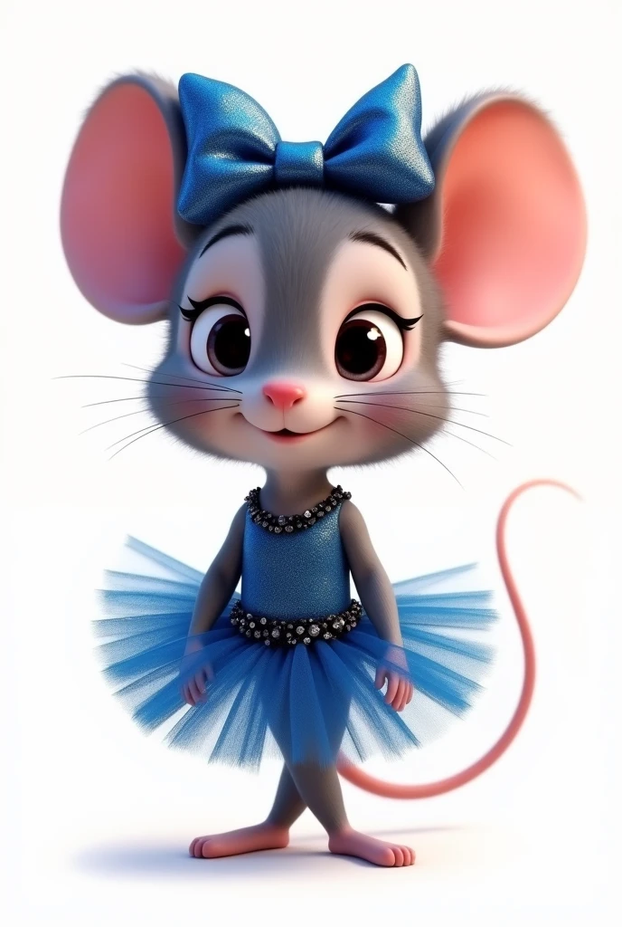 Animated image of a cute little mouse, dressed in a shiny dark blue ballerina outfit with black and a shiny blue bow on her head, WITH WHITE BACKGROUND, to print on a shirt.
With the name of "Jaely"