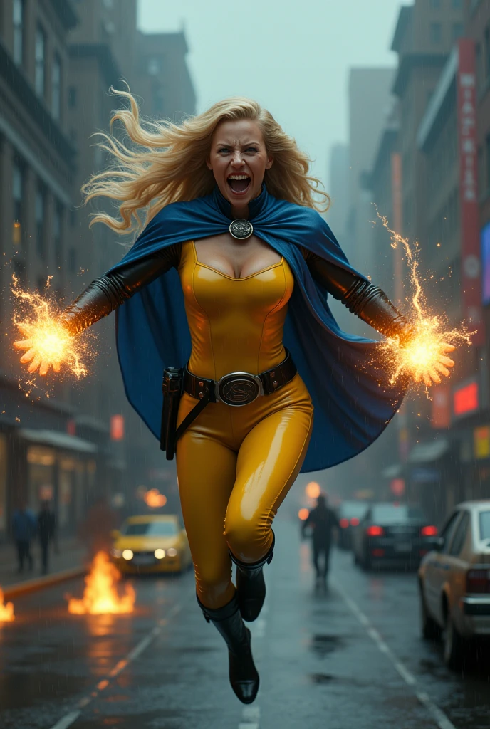 A beautiful woman with long blonde hair wearing a yellow leather jumpsuit yellow corset over her jumpsuit blue cape black boots and gloves long boots up to her knees on a wide black gym belt wearing a black S on her badge as an emblem in a dark apocalyptic rainy city cars and buildings on fire magic in her hands flying over the city screaming exhausted after an extensive battle magic in her hands blue cape (((a black S as the Logo or emblem of Marvel's Sentry the sentry on the plate of his belt this belt is big and wide))),(((Large Plate))),(((Marvel Studios logo on every image)))