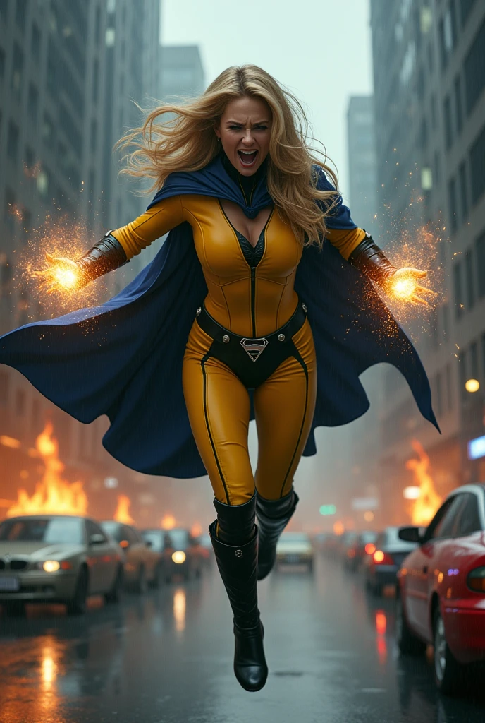 A beautiful woman with long blonde hair wearing a yellow leather jumpsuit yellow corset over her jumpsuit blue cape black boots and gloves long boots up to her knees on a wide black gym belt wearing a black S on her badge as an emblem in a dark apocalyptic rainy city cars and buildings on fire magic in her hands flying over the city screaming exhausted after an extensive battle magic in her hands blue cape (((a black S as the Logo or emblem of Marvel's Sentry the sentry on the plate of his belt this belt is big and wide))),(((Large Plate))),(((Marvel Studios logo on every image)))