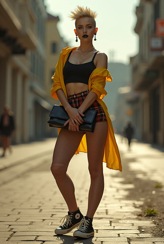Jennifer Lawrence is a sexy punk girl sitting in a short plaid skirt and sheer dress, ripped stockings, (from below:1.5), (nipples:0.8), fishnets, (converse sneakers),(yellow outfit), provocative, teasing, highly photorealistic photograph, sunny morning, street, dark lipstick, clutch in hands, spiky blonde and partially shaved hair, beautiful and perfect legs, confident expression, striking pose