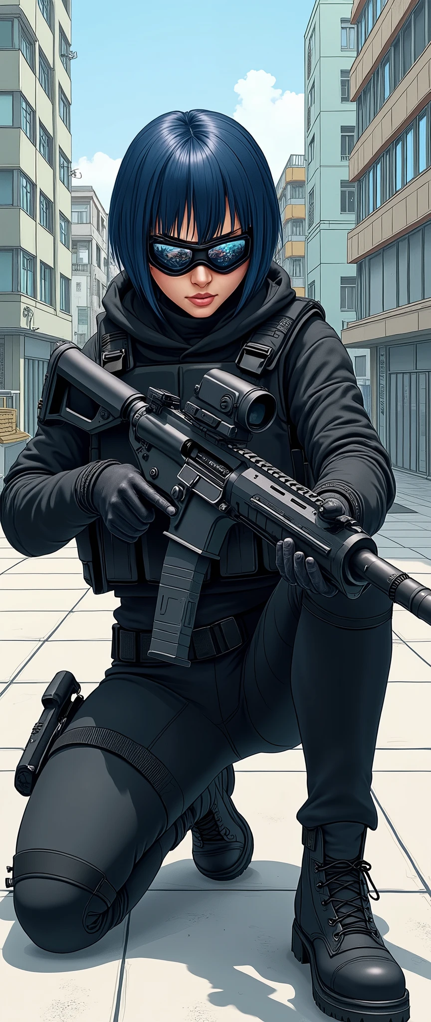 (masterpiece,Distinguished Quality,Mirror-like,Cinematic Experience,insanely detailed,absurdres),8k,wallpaper,,(Best illustrations:2.0),(One Woman:2.0),(Motoko Kusanagi:2.0),(Ghost in the Shell-style worldview:2.0),BREAK(Black tactical bodysuit:2.0),(Heavy black bulletproof vest:2.0),(Black gloves:2.0),(Tactical Boots:2.0),(Navy Blue Hair),(Wearing tactical goggles:2.0),(Tactical data is displayed on the computer goggles.:1.6),BREAK(Short Bob:2.0),(Detailed Cyber Goggles Drawing:2.0),(Detailed female hand drawing:2.0),(sexy:2.0),(He kneels down and aims his automatic rifle at me.:2.0),(Raise your right knee:2.0),(Point the muzzle of the automatic rifle at me:2.0),(The background is Tokyo, where science and technology have developed.:2.0),(sf:2.0)