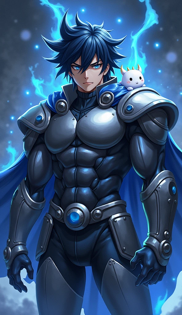 (photorealism:1.2), An anime style, ,black hair, blue eyes, dark background, blue sparks, wearing cape, well built, wearing a metallic suit armor , KAI, Jujutsu Kaizen graphics, having a dragon flying, white babygon, chibi version