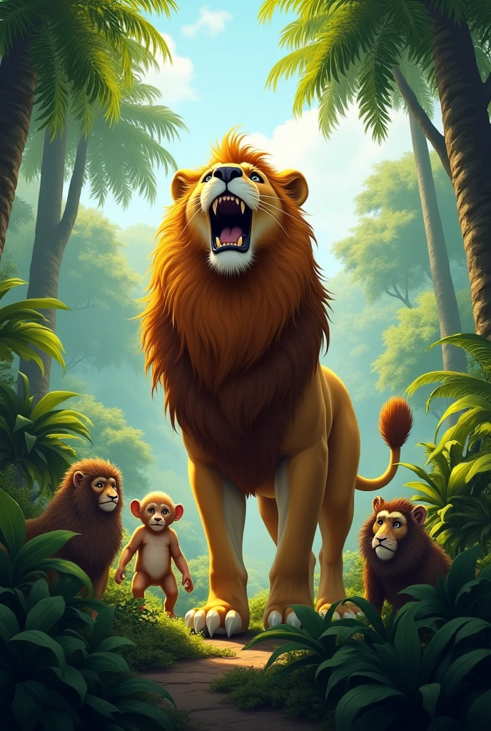 In the jungle, there’s a lion with a mighty roar,
He wakes up all his friends and they all want to explore,