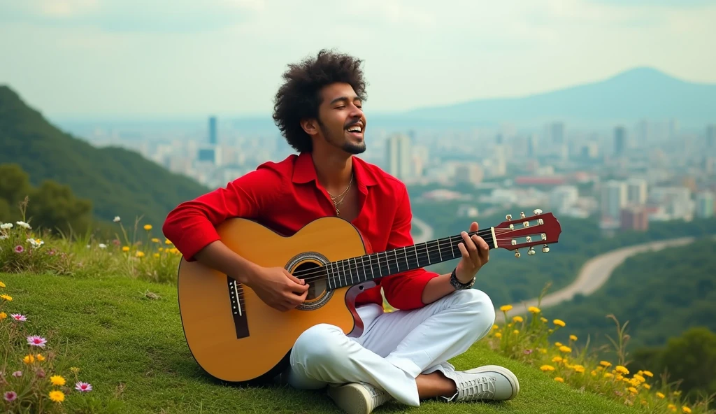 A 21 old(Brazilian facial) man singing a pop song playing guitar, seating on heights place looking under the city, green hill, highway , the small flowers around the boy, (boy upper were color is red and bottom were is white),( highly detailed),(vivid) realistic image 4k HDR